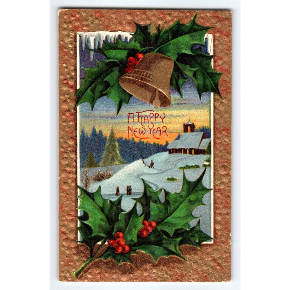 Vintage Embossed New Year Postcard with Bell & Holly Scene 1910s